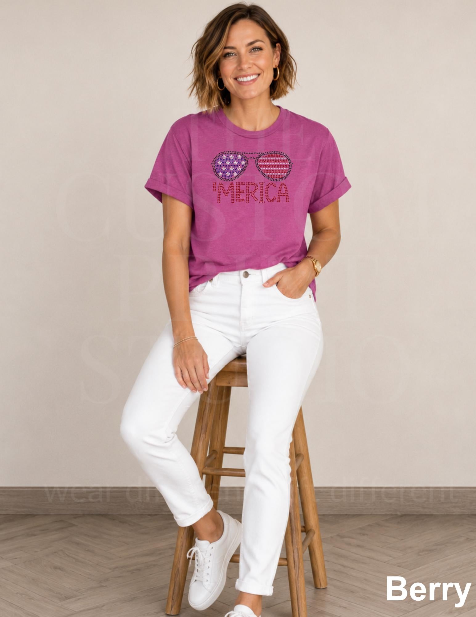 MERICA Sunglasses Shirt | American Flag Rhinestone Tee | Patriotic 4th of July Shirt | Country Concert BBQ Outfit | 250th Celebration USA