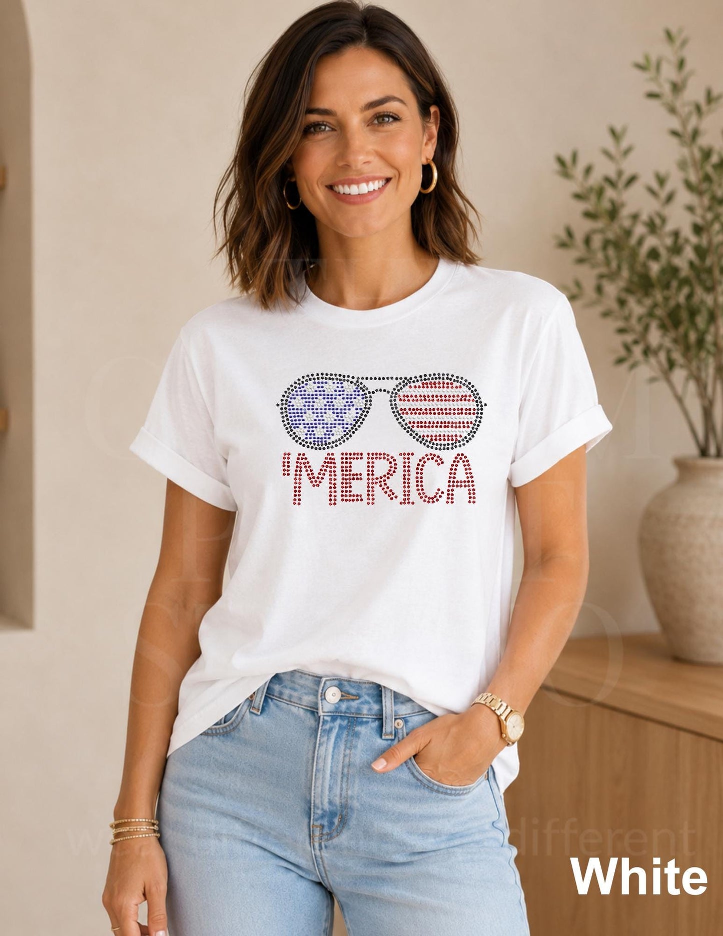 MERICA Sunglasses Shirt | American Flag Rhinestone Tee | Patriotic 4th of July Shirt | Country Concert BBQ Outfit | 250th Celebration USA