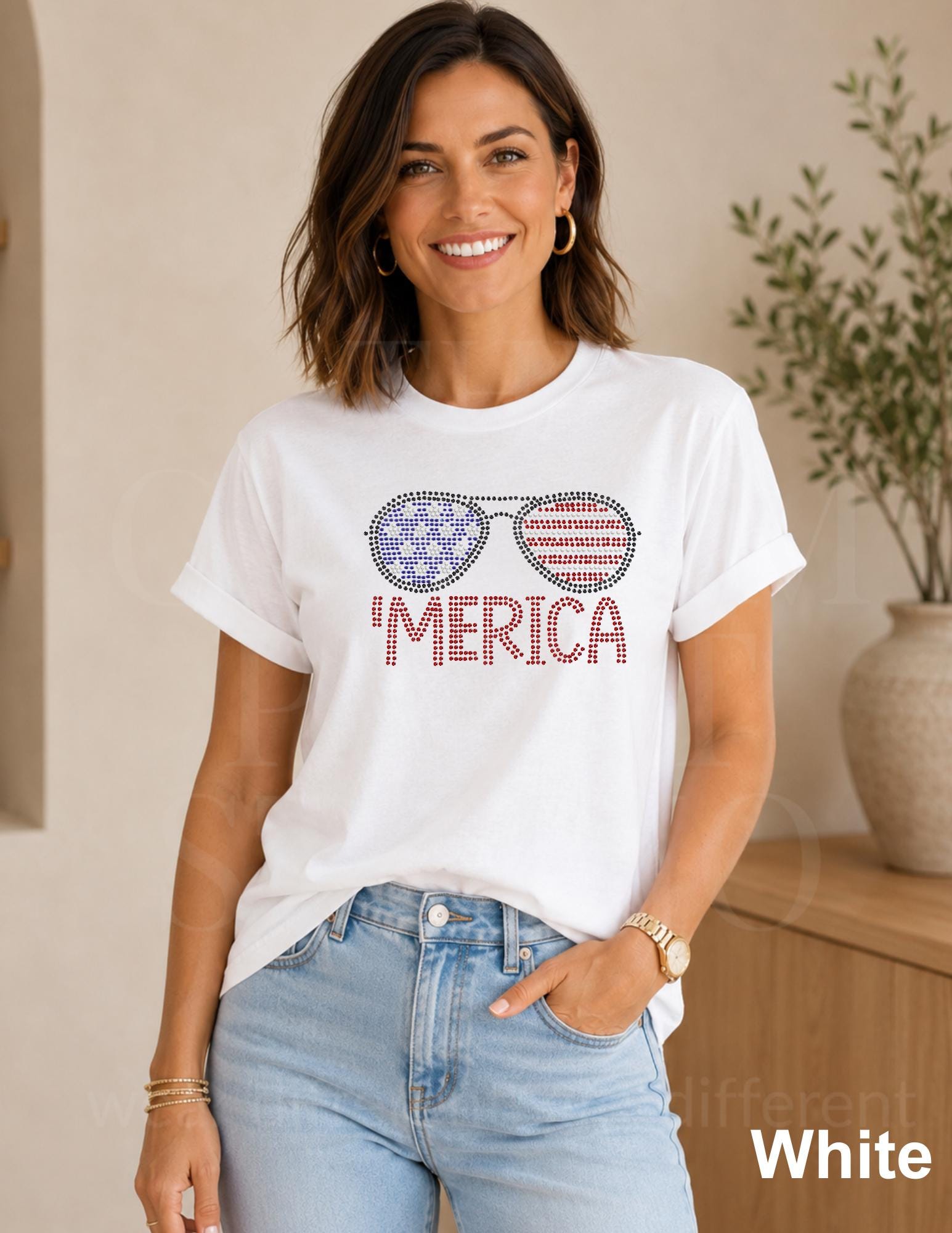 MERICA Sunglasses Shirt | American Flag Rhinestone Tee | Patriotic 4th of July Shirt | Country Concert BBQ Outfit | 250th Celebration USA