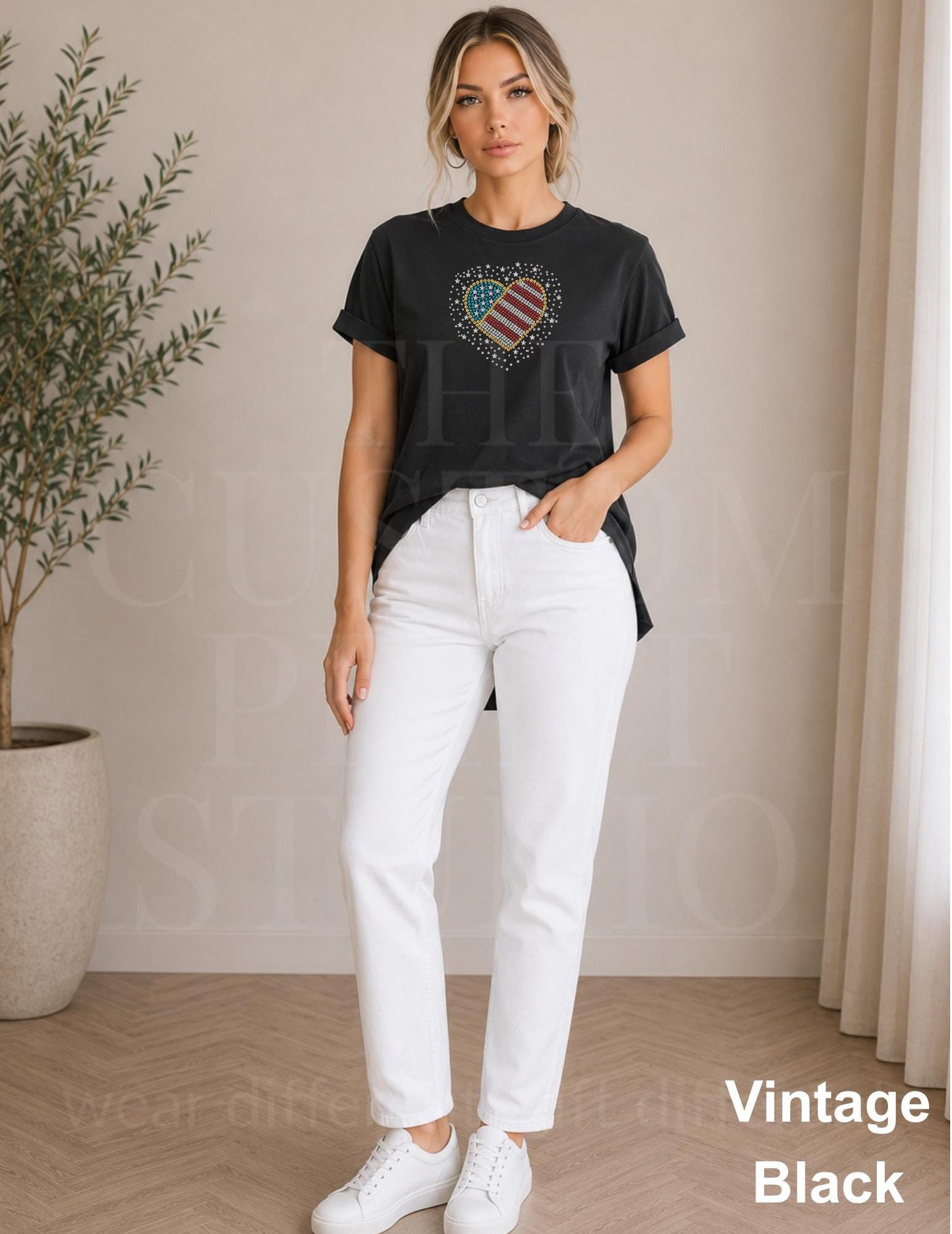 Patriotic Rhinestone Heart Shirt, USA Flag Tee, America 250 Shirt, 4th of July Outfit, Country Concert Tee, Heart USA