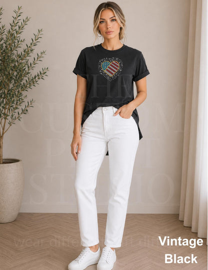 Patriotic Rhinestone Heart Shirt, USA Flag Tee, America 250 Shirt, 4th of July Outfit, Country Concert Tee, Heart USA