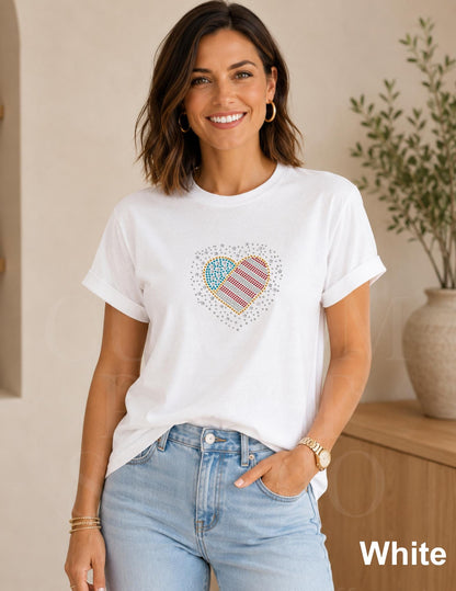 Patriotic Rhinestone Heart Shirt, USA Flag Tee, America 250 Shirt, 4th of July Outfit, Country Concert Tee, Heart USA