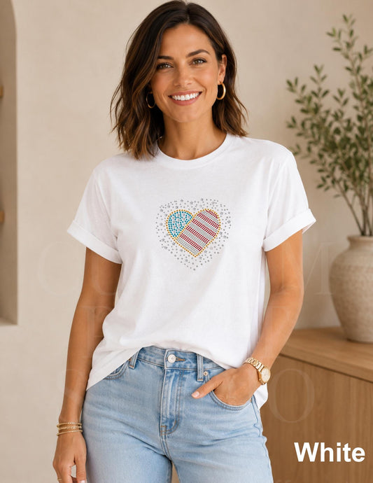 Patriotic Rhinestone Heart Shirt, USA Flag Tee, America 250 Shirt, 4th of July Outfit, Country Concert Tee, Heart USA