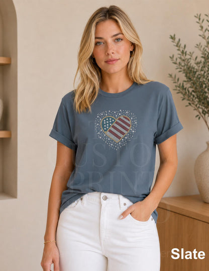 Patriotic Rhinestone Heart Shirt, USA Flag Tee, America 250 Shirt, 4th of July Outfit, Country Concert Tee, Heart USA