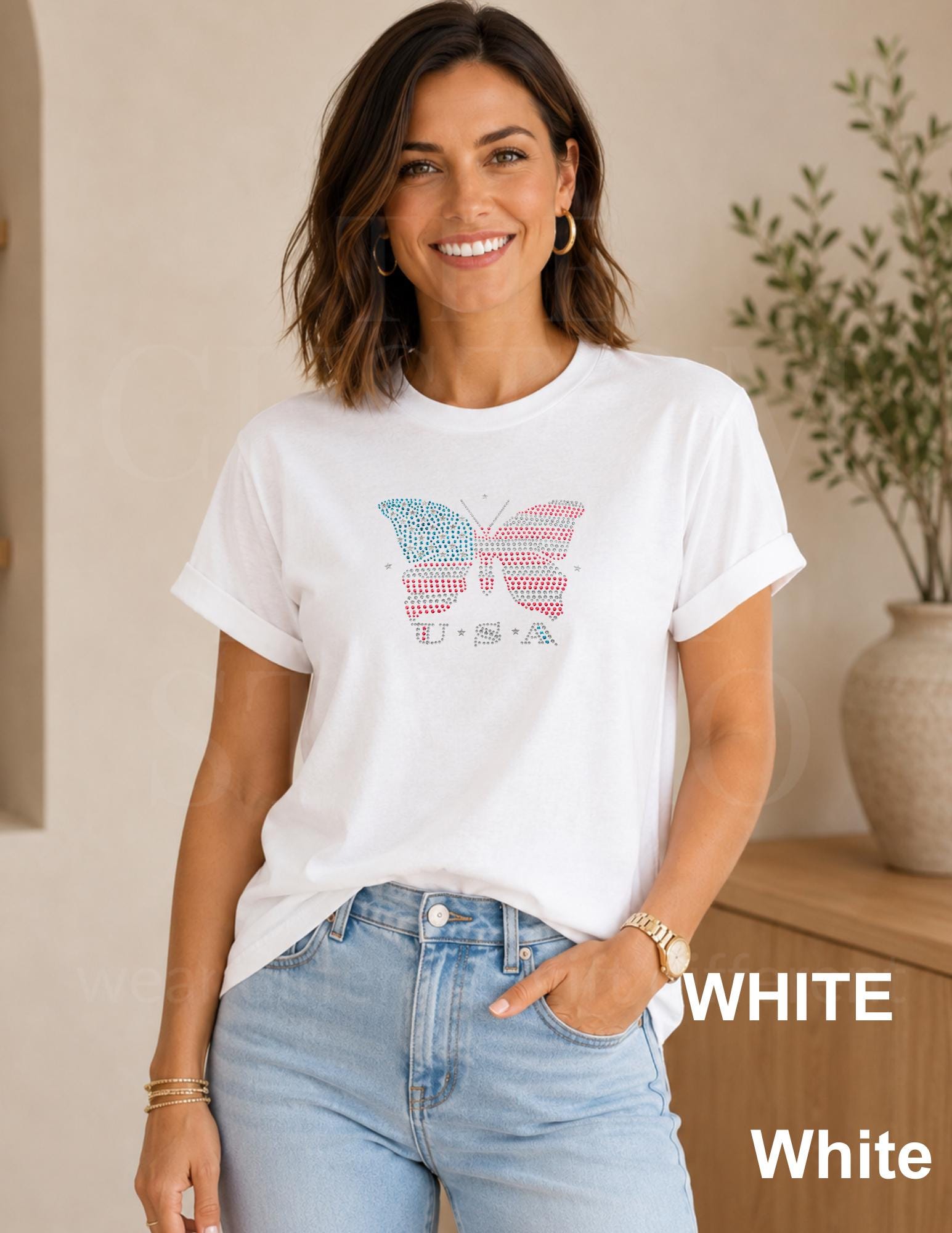 USA Flag Butterfly Rhinestone Shirt, Patriotic Sparkle Tee, 4th of July Shirt, Memorial Day Top, American Pride Tee