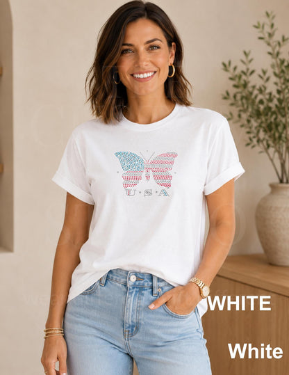 USA Flag Butterfly Rhinestone Shirt, Patriotic Sparkle Tee, 4th of July Shirt, Memorial Day Top, American Pride Tee
