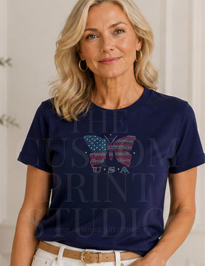 USA Flag Butterfly Rhinestone Shirt, Patriotic Sparkle Tee, 4th of July Shirt, Memorial Day Top, American Pride Tee