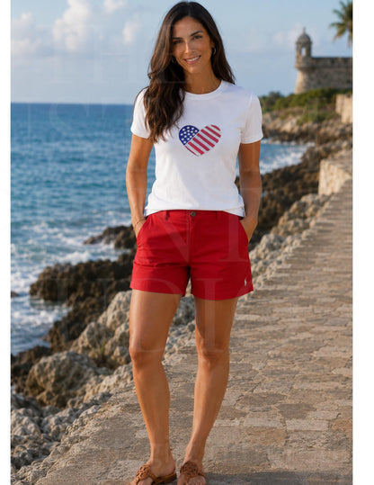 Sequin American Flag Heart Shirt | Patriotic Embroidered USA Shirt with Rhinestones | 4th of July Sparkle Tee | Women's Americana Gift