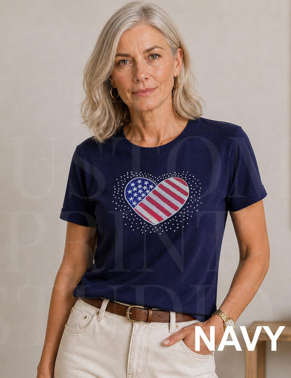 Sequin American Flag Heart Shirt | Patriotic Embroidered USA Shirt with Rhinestones | 4th of July Sparkle Tee | Women's Americana Gift