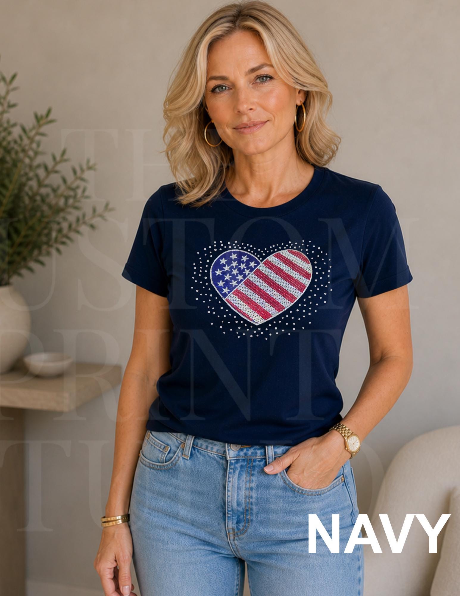 Sequin American Flag Heart Shirt | Patriotic Embroidered USA Shirt with Rhinestones | 4th of July Sparkle Tee | Women's Americana Gift