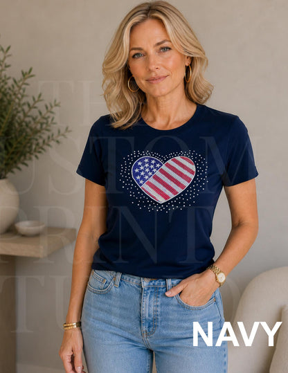 Sequin American Flag Heart Shirt | Patriotic Embroidered USA Shirt with Rhinestones | 4th of July Sparkle Tee | Women's Americana Gift