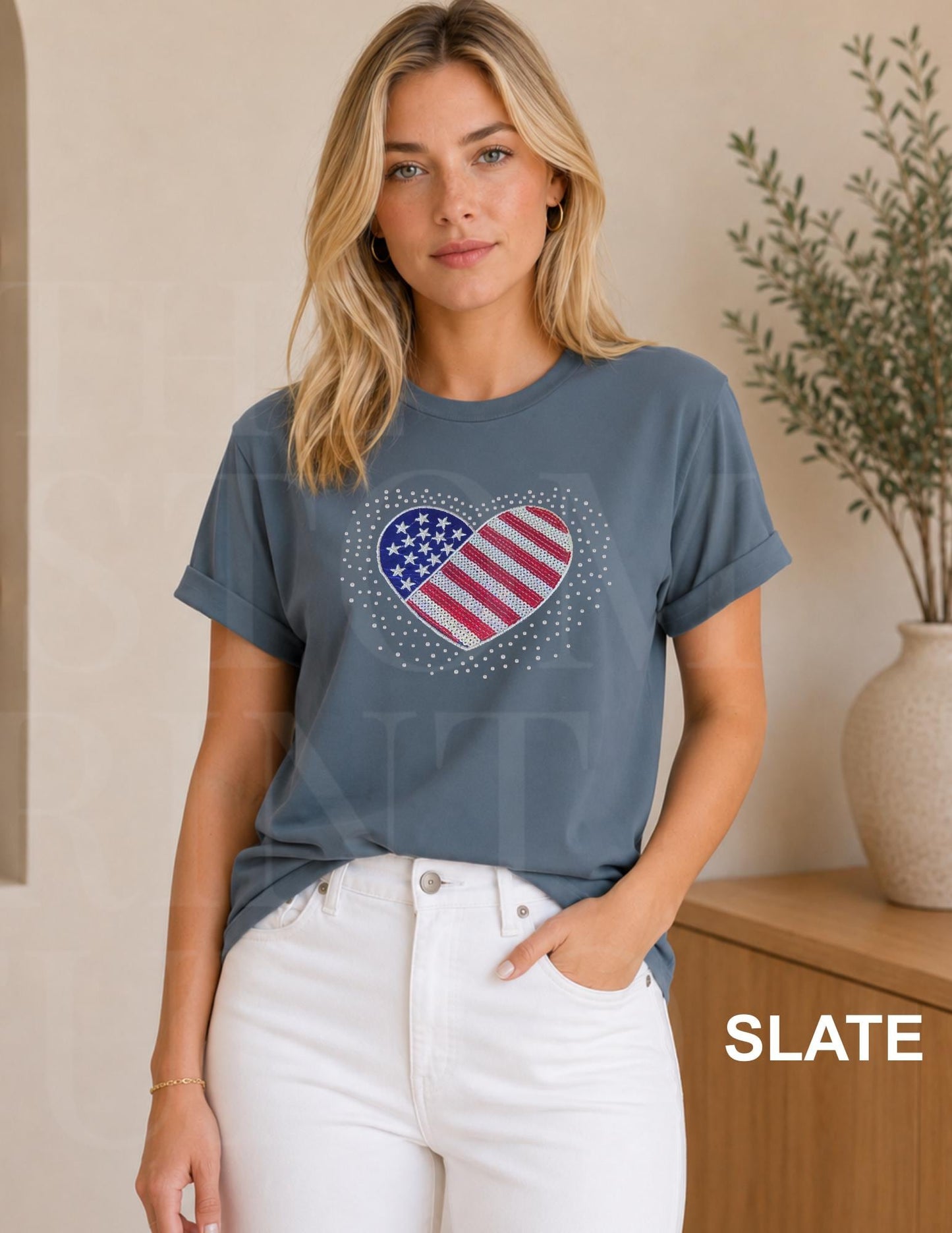 Sequin American Flag Heart Shirt | Patriotic Embroidered USA Shirt with Rhinestones | 4th of July Sparkle Tee | Women's Americana Gift