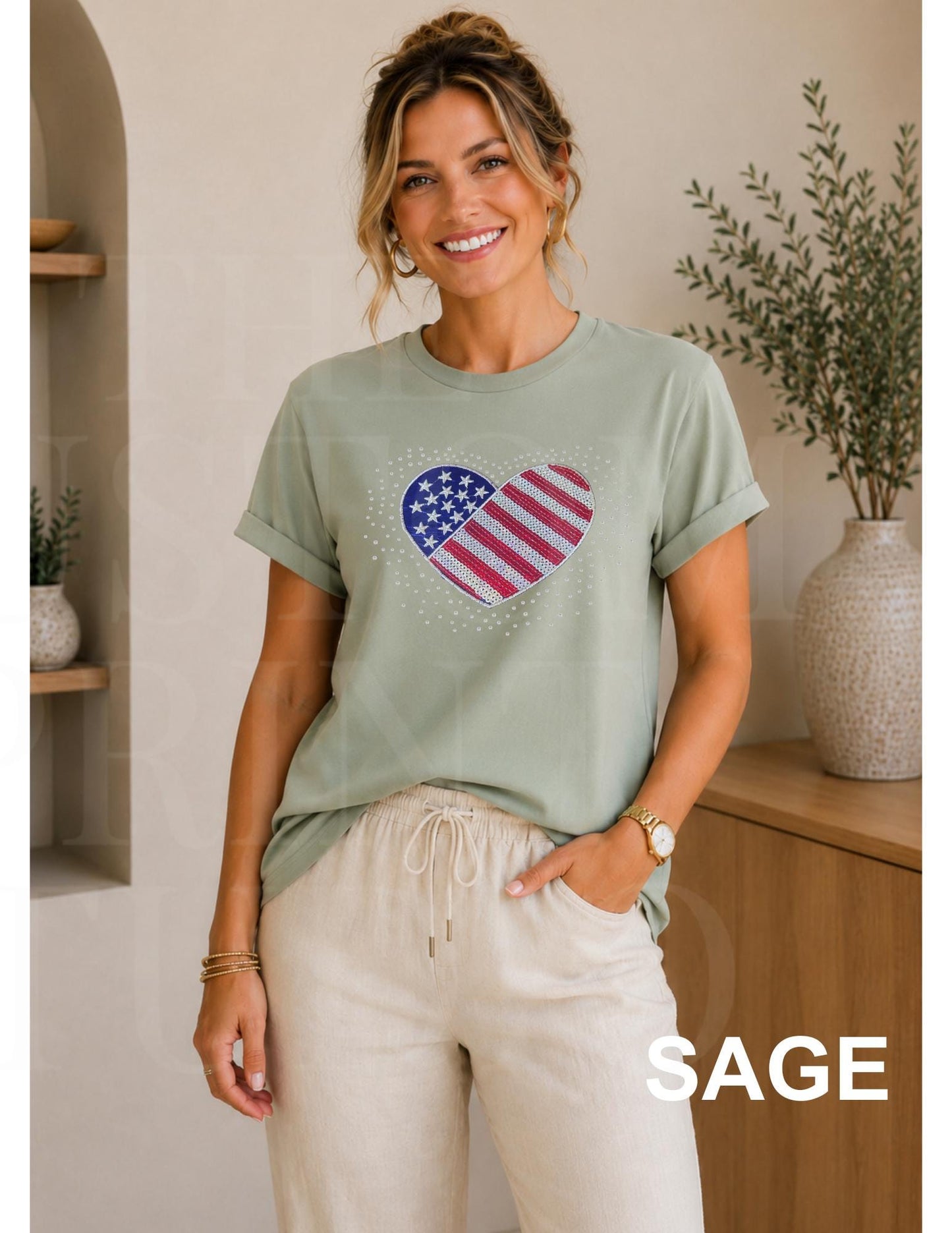 Sequin American Flag Heart Shirt | Patriotic Embroidered USA Shirt with Rhinestones | 4th of July Sparkle Tee | Women's Americana Gift
