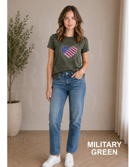 Sequin American Flag Heart Shirt | Patriotic Embroidered USA Shirt with Rhinestones | 4th of July Sparkle Tee | Women's Americana Gift