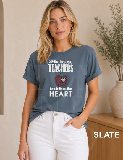 Rhinestone Teacher Shirt Sparkly Apple Teach Tee, Back to School Teacher Gift, Preschool Kindergarten Elementary Teacher Tee Red Teacher Tee